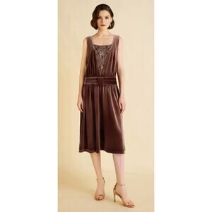 Babeyond Flapper Vintage Velvet Pleated Evening Gown Dress Chestnut Womens 2 New